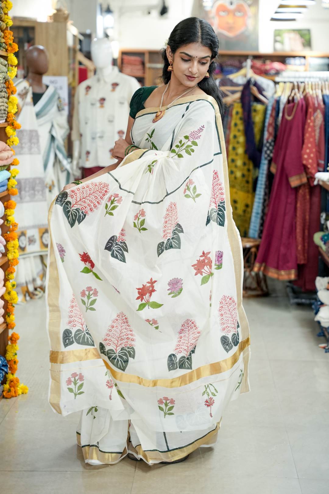 Offwhite Saree with Block Printed Dashapushppam