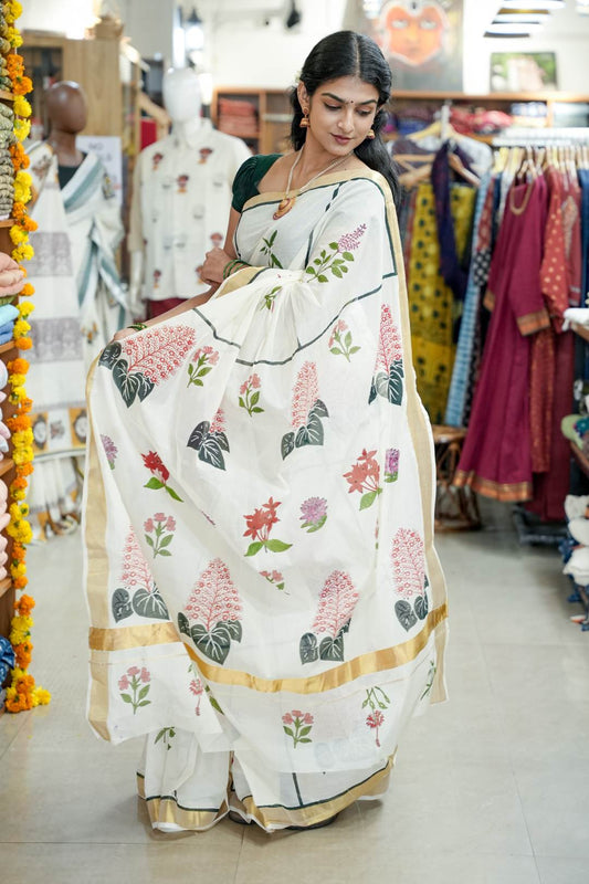 Offwhite Saree with Block Printed Dashapushppam