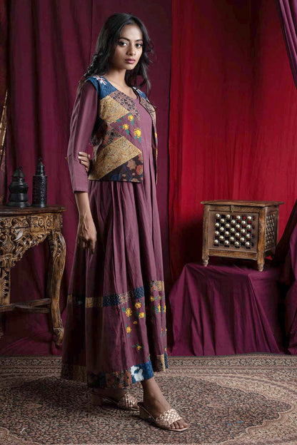 Embroidered Purple Box Pleated Dress with Jacket