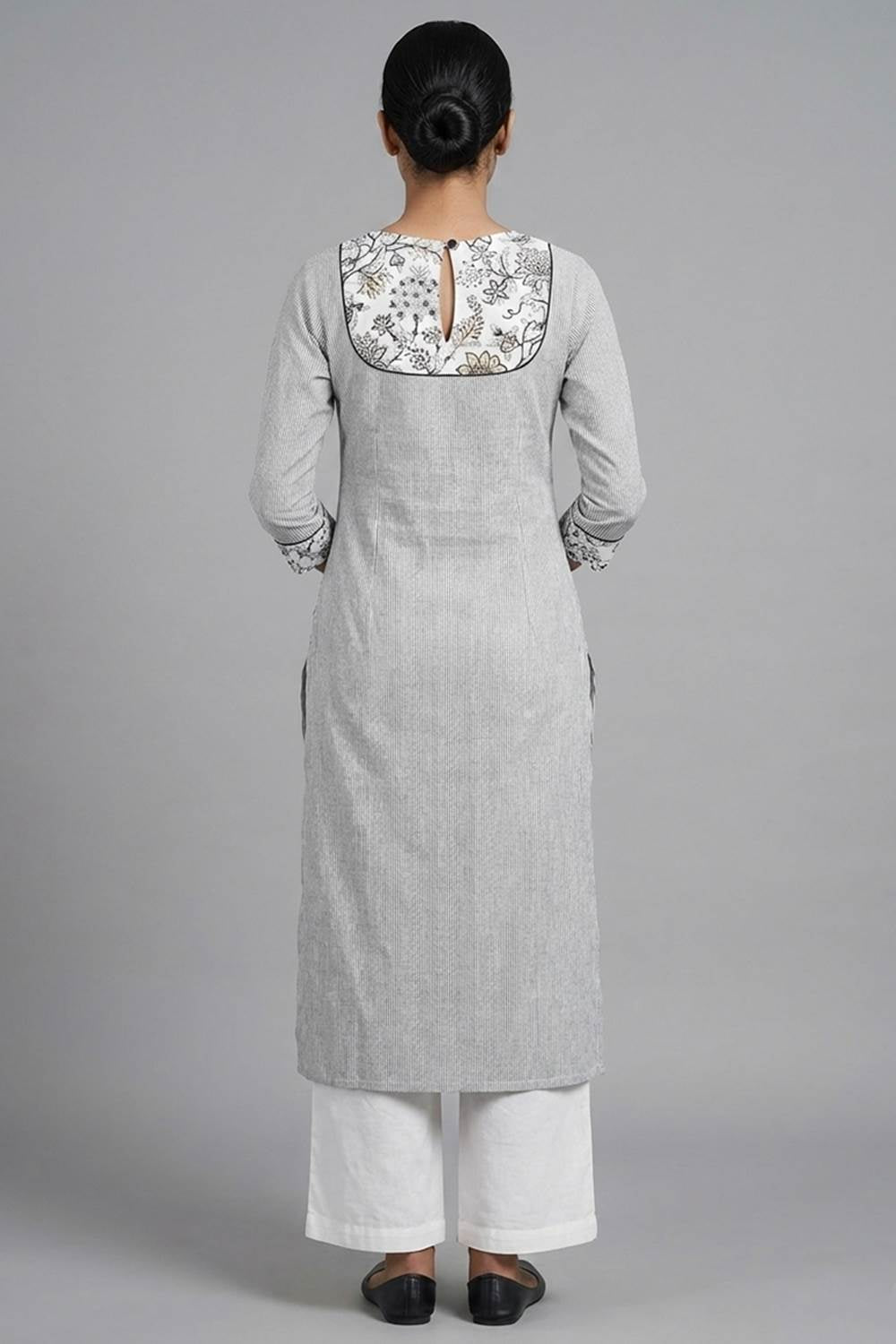 Black Handloom Stripe Kurti with Printed Yoke