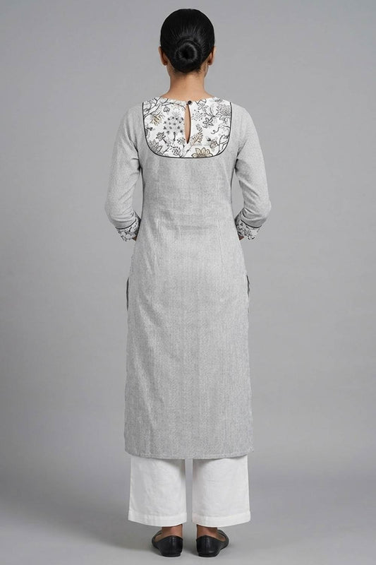 Black Handloom Stripe Kurti with Printed Yoke