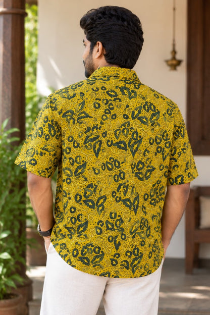 Yellow Base Flower & Creaper Print Modal Silk Shirt