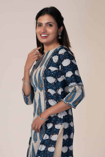 Blue Base Straight Cut Kurti