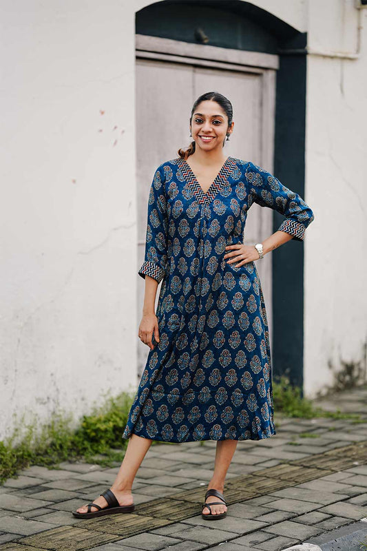 Model Blue Base Printed Aline Kurthi