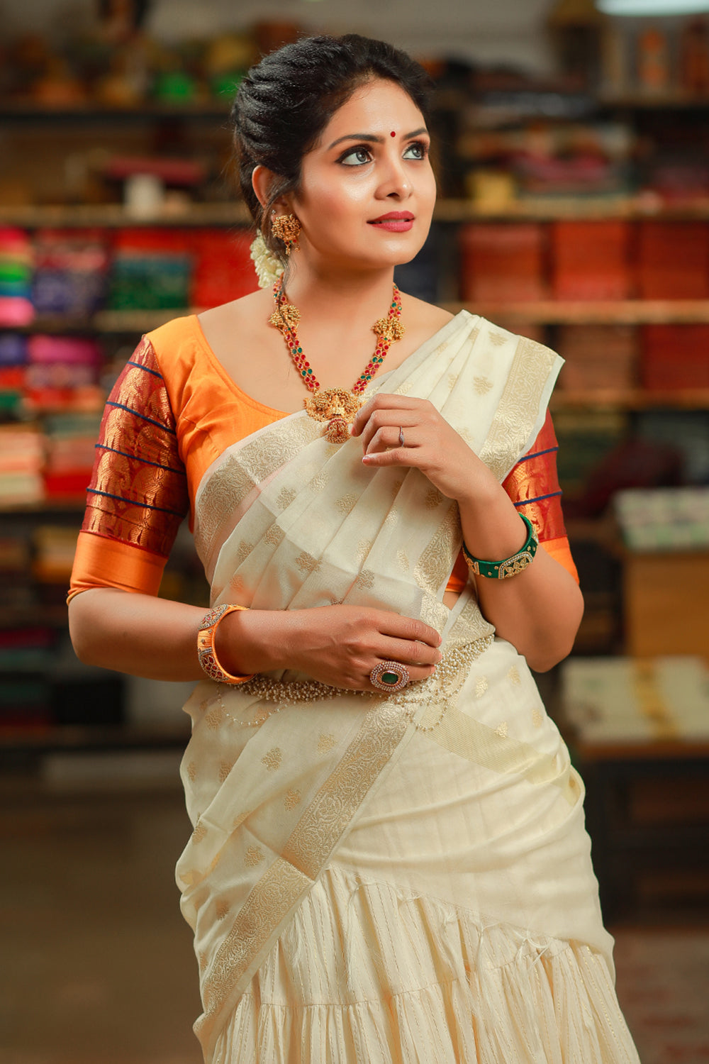 Orange Maheshwari Silk Blouse with Golden Golden Zari Border