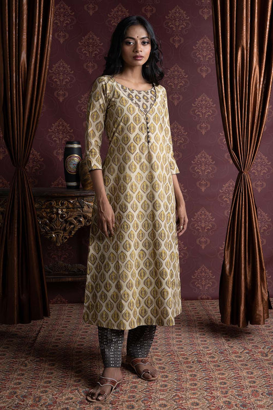 Yellow Ajrakh Dabu Flame Printed A Line Kurti