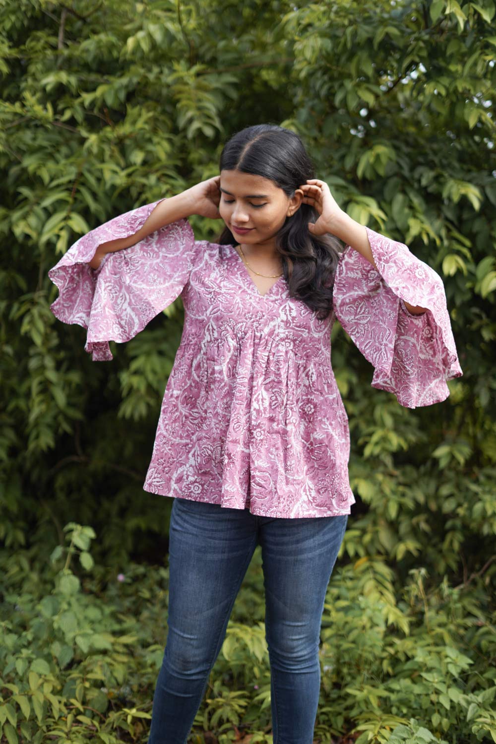 Pink Sanganeri Empire Top with Gathers