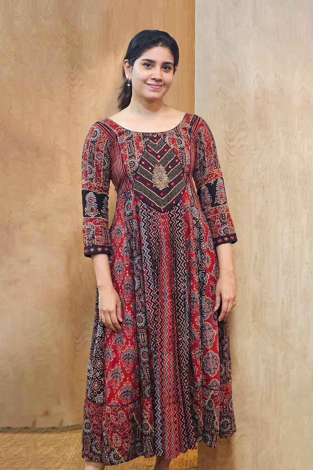 Red Patch Anarkali Tear Drop Yoke Neck