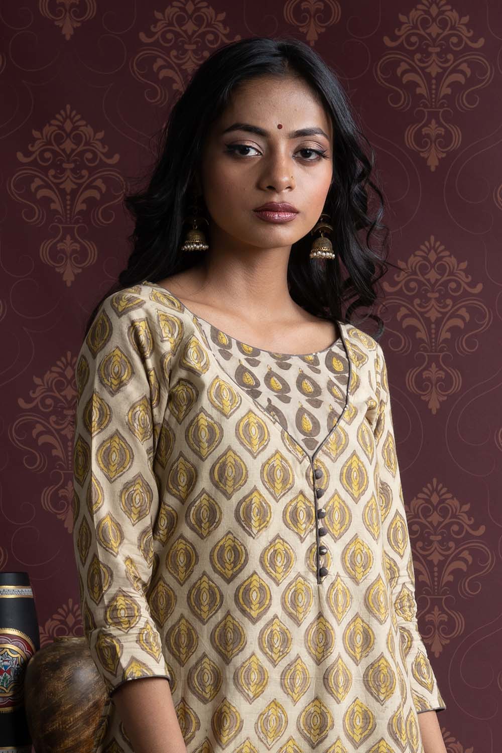 Yellow Ajrakh Dabu Flame Printed A Line Kurti