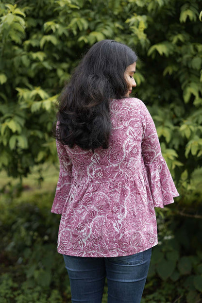 Pink Sanganeri Empire Top with Gathers