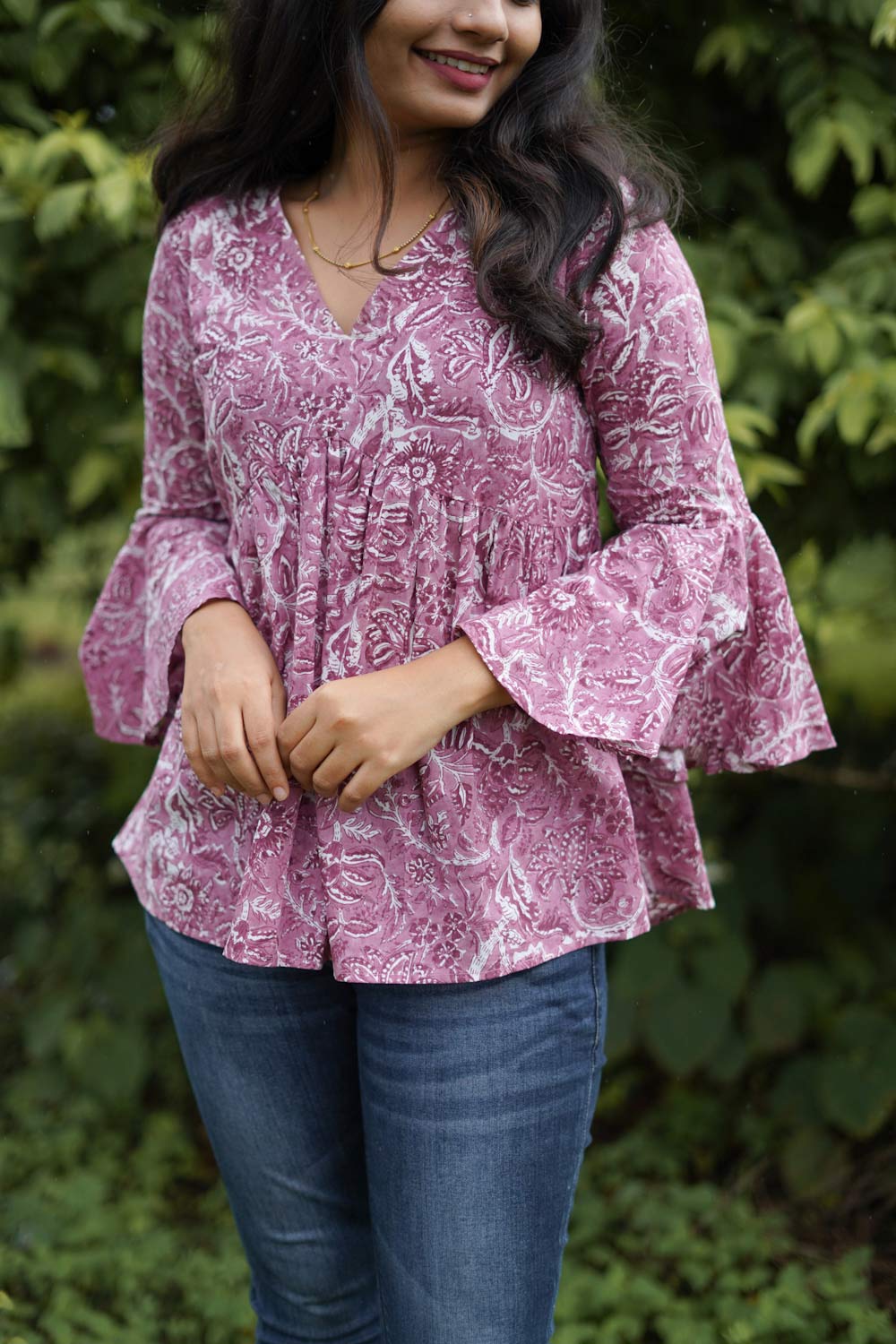 Pink Sanganeri Empire Top with Gathers