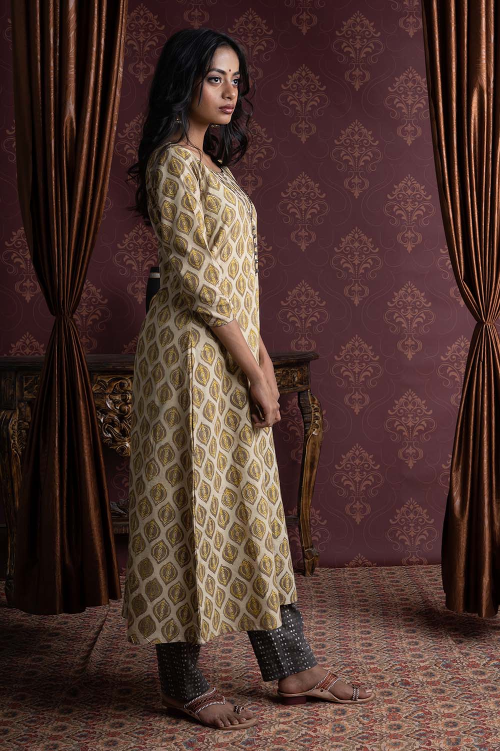 Yellow Ajrakh Dabu Flame Printed A Line Kurti