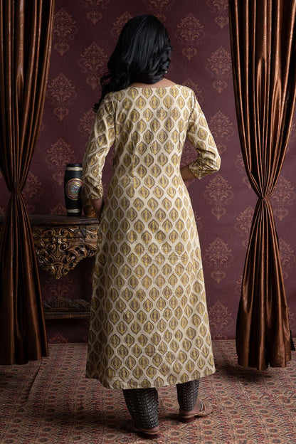 Yellow Ajrakh Dabu Flame Printed A Line Kurti