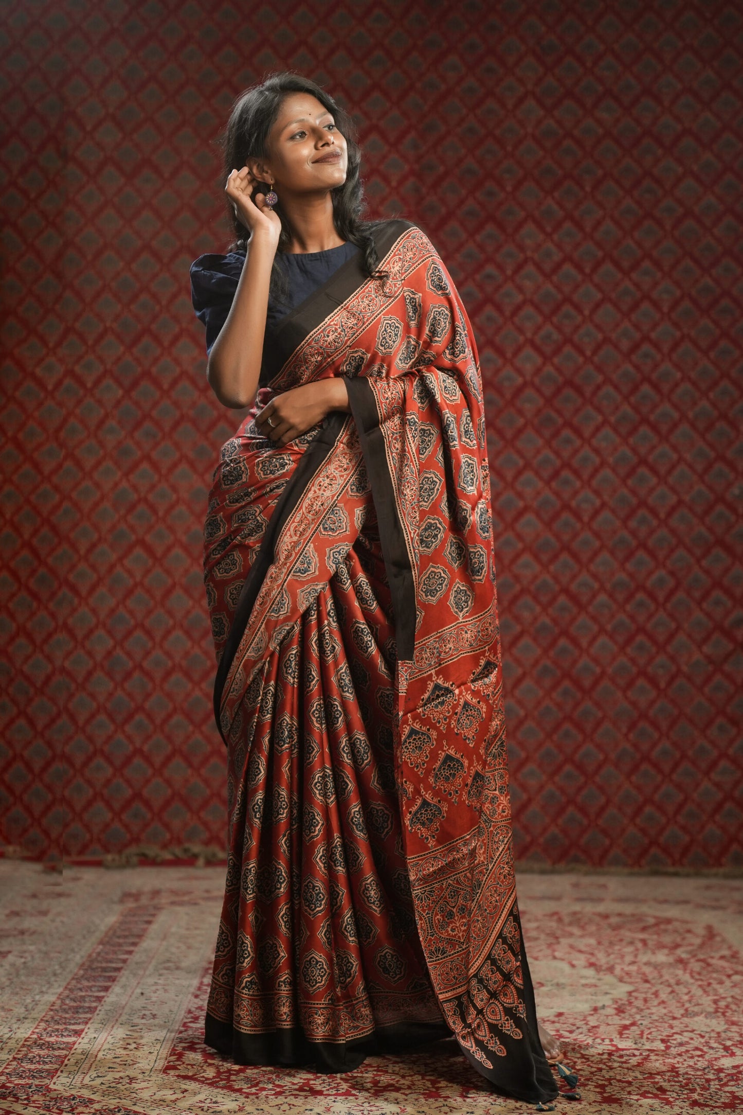 Maroon Ajrakh Hand Block Printed Modal Saree