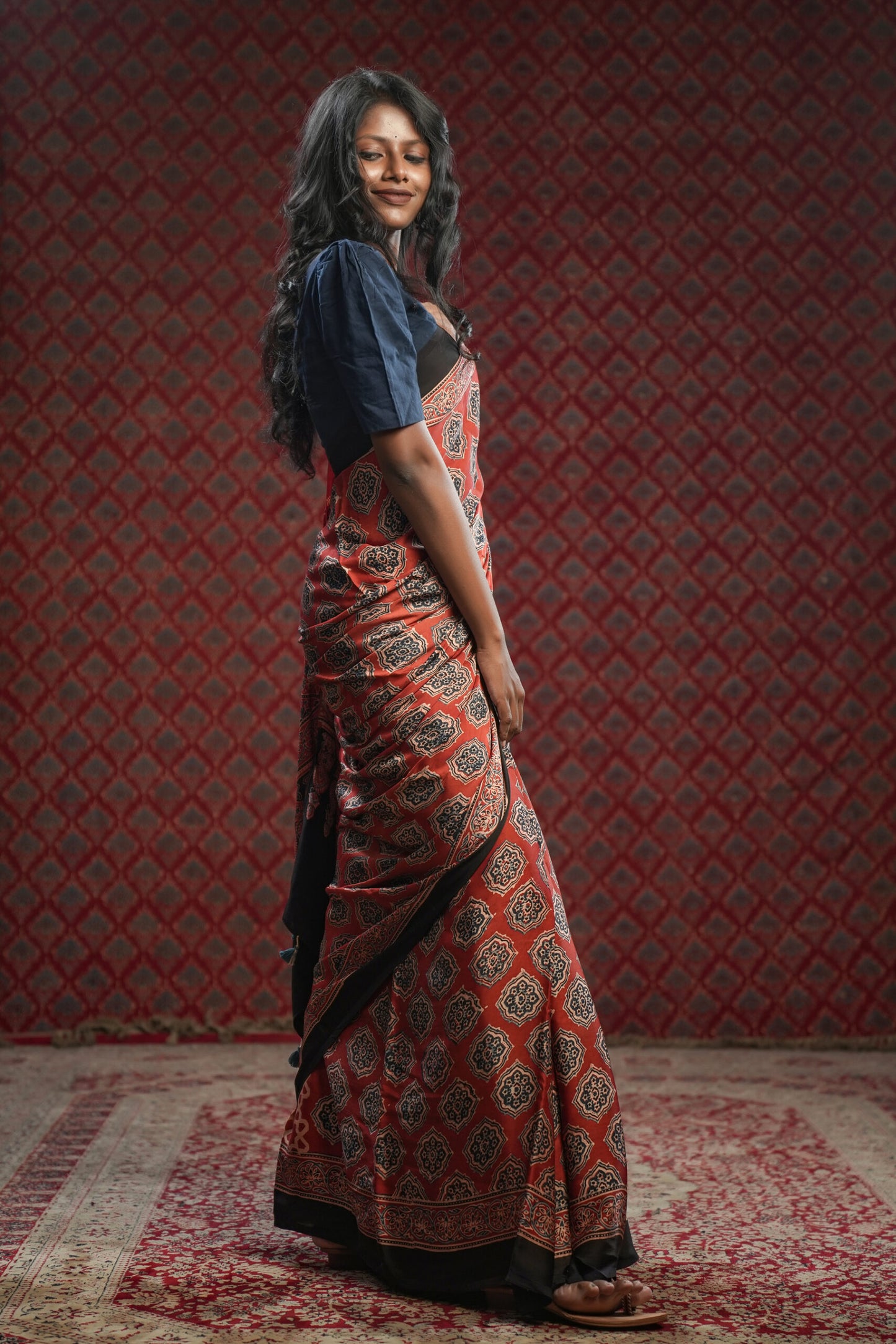 Maroon Ajrakh Hand Block Printed Modal Saree