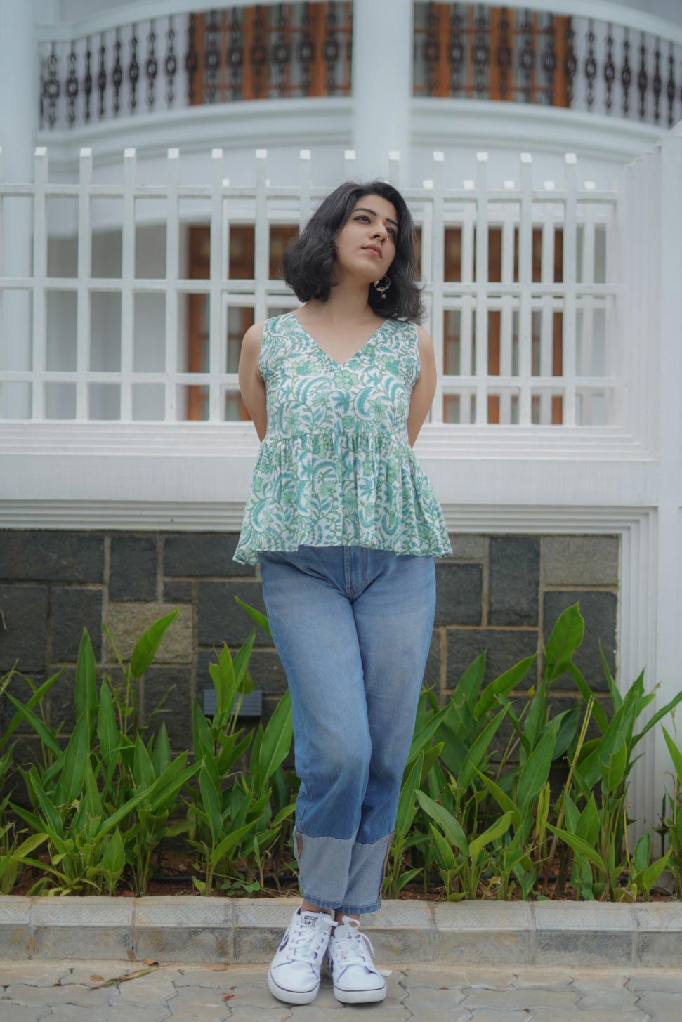 Aqua Blue Sanganeri Gathered Top