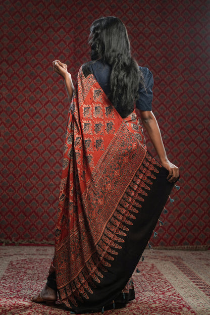 Maroon Ajrakh Hand Block Printed Modal Saree