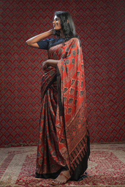 Maroon Ajrakh Hand Block Printed Modal Saree