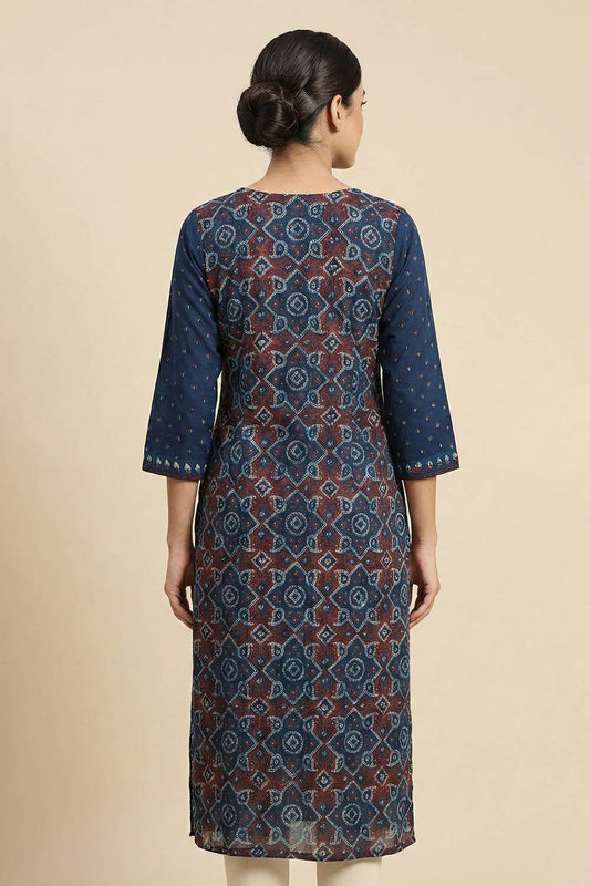 Blue Ajrak Chanderi Hand Work Slited Kurti