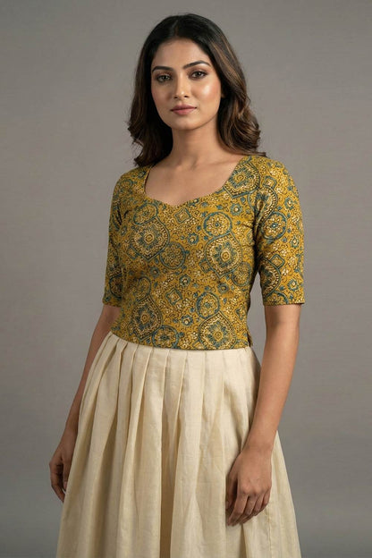 Yellow Top with Ajrakh Eye & Floral Print