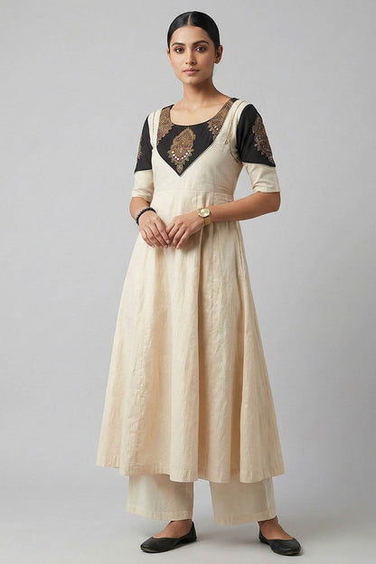 Offwhite Golden Lurex Black Ajrakh Printed Anarkali