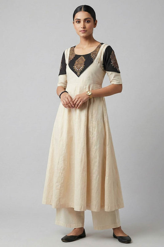 Offwhite Golden Lurex Black Ajrakh Printed Anarkali