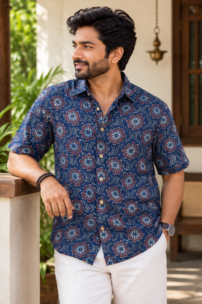 Blue Base Leaf Like Print Modal Slik Shirt