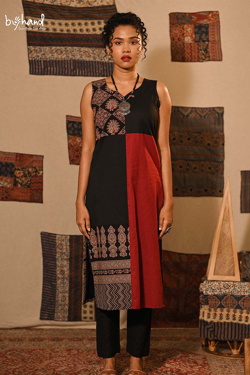 Red & Black One Side Peacock print Kurti