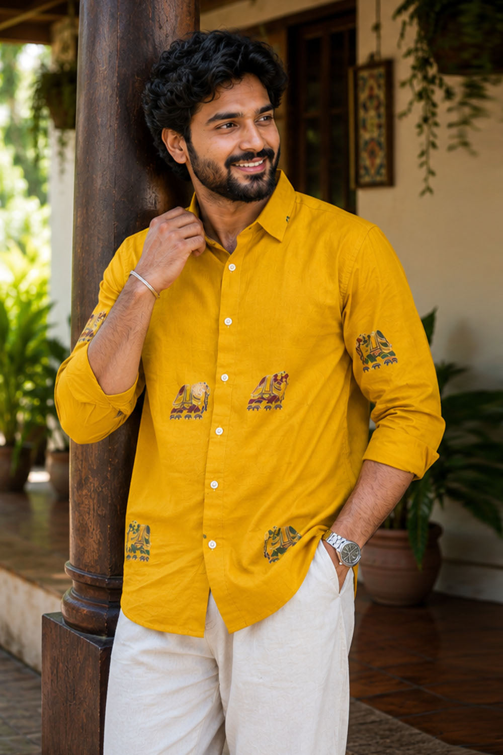 Mustard Yellow Linen Shirt with Print