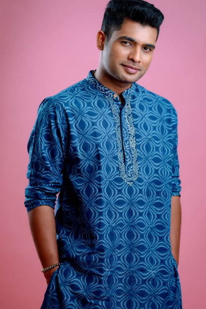 Indigo Mens Long Kurta With Embroidery Placket