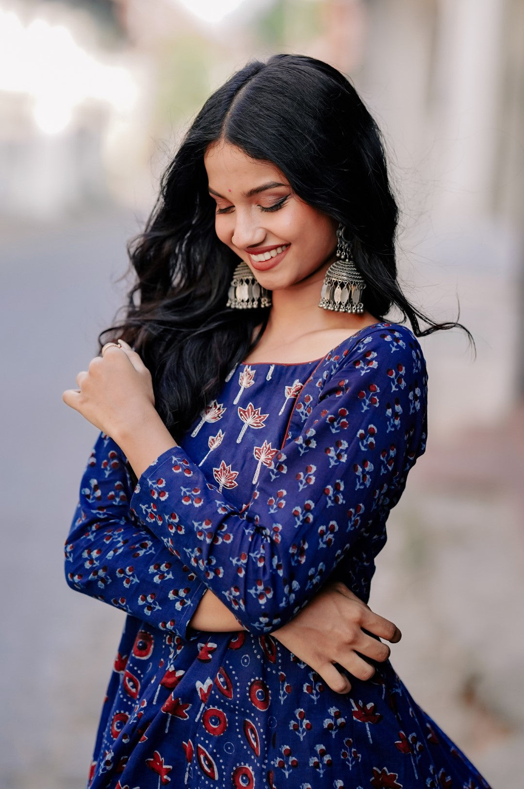 Indigo Base Red Printed Anarkali