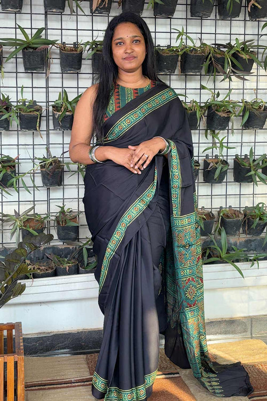 Modal silk Plain Black Body and green Ajrkh Printed Saree