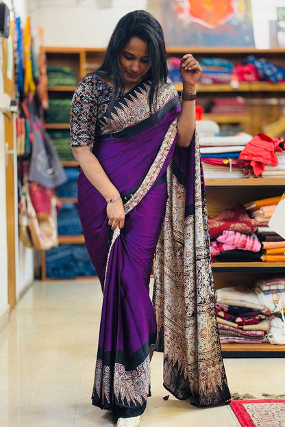 Modal silk Plain Purple Body and Black Ajrkh Printed Saree