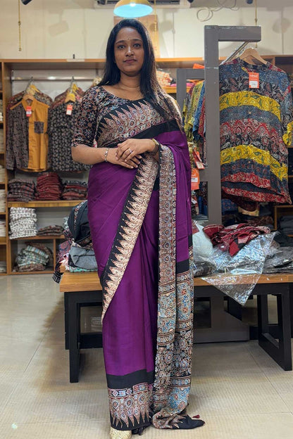 Modal silk Plain Purple Body and Black Ajrkh Printed Saree