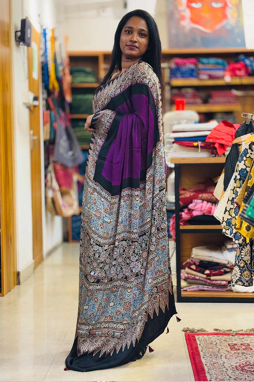 Modal silk Plain Purple Body and Black Ajrkh Printed Saree