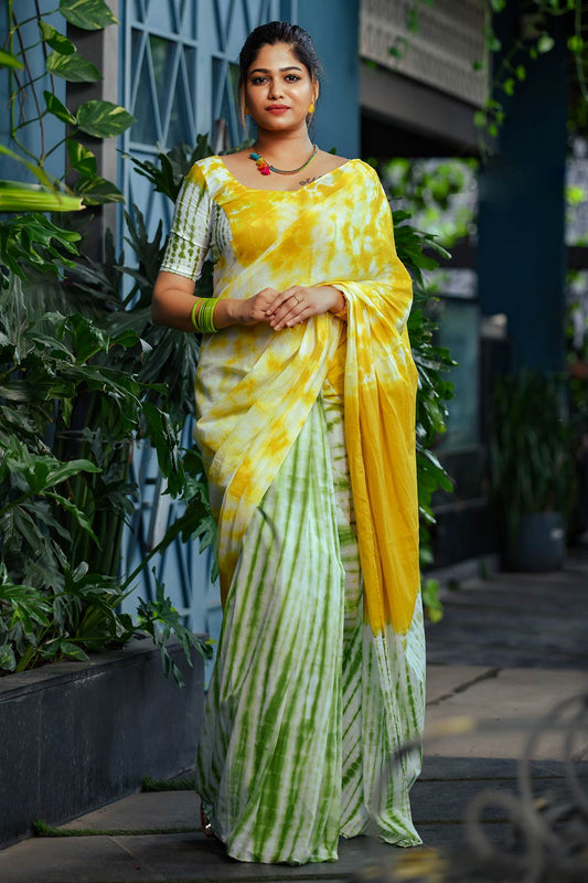 Shibori Tie & Dyed Mul mul cotton saree in yellow and green shades