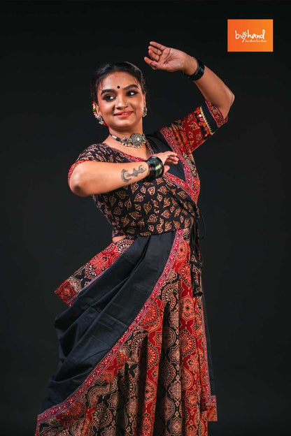 Red & Black Angrakha Ajrakh Blouse,Skirt & Dupatta