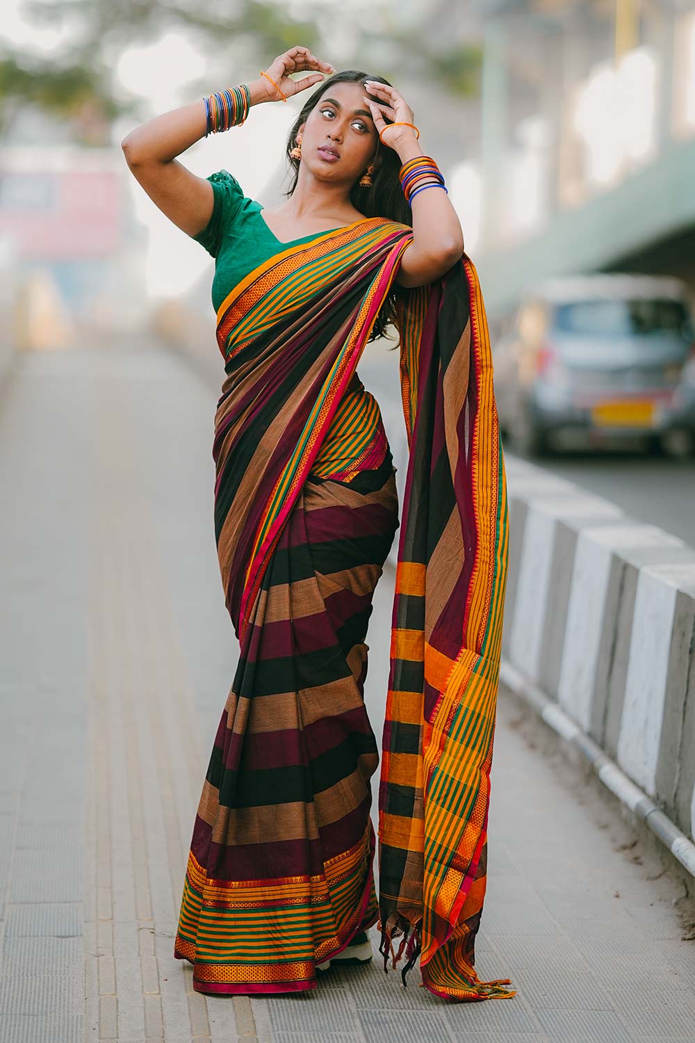 Yellow&Green Boarder Multi-Colour Narayanpet Handloom Saree