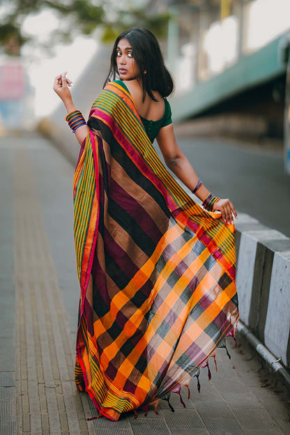 Yellow&Green Boarder Multi-Colour Narayanpet Handloom Saree