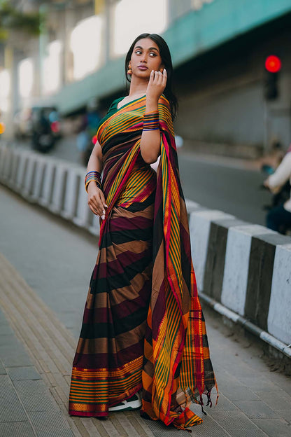 Yellow&Green Boarder Multi-Colour Narayanpet Handloom Saree