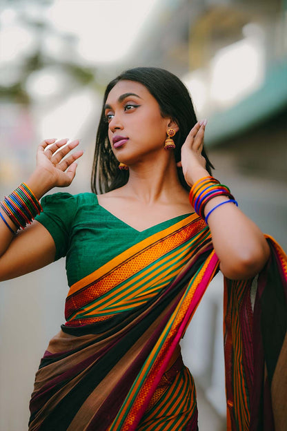 Yellow&Green Boarder Multi-Colour Narayanpet Handloom Saree