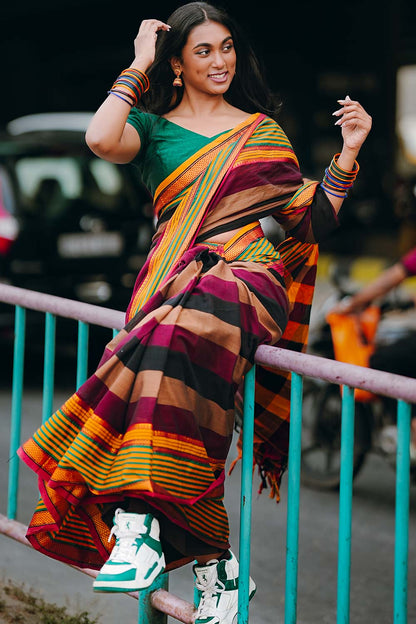 Yellow&Green Boarder Multi-Colour Narayanpet Handloom Saree