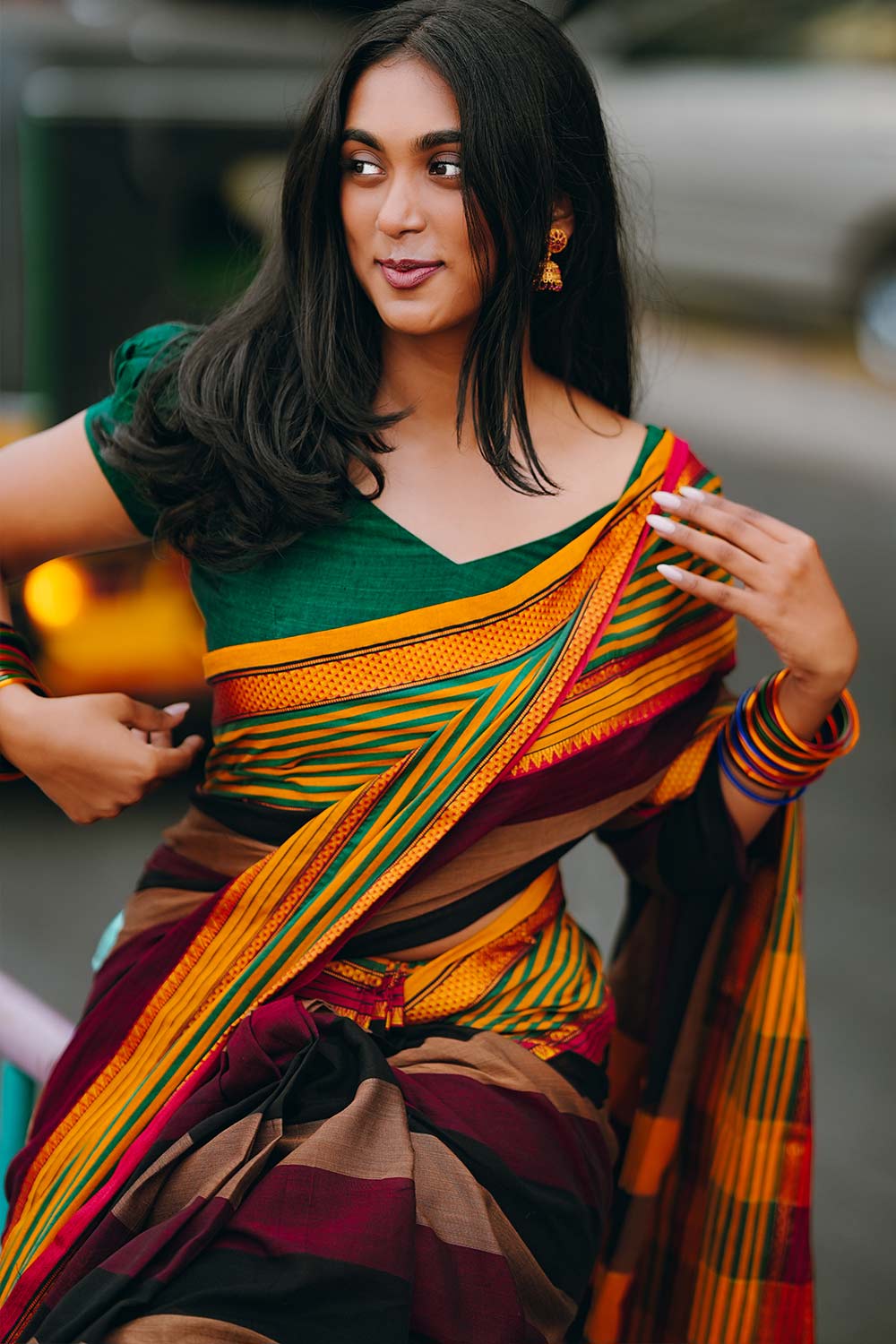 Yellow&Green Boarder Multi-Colour Narayanpet Handloom Saree