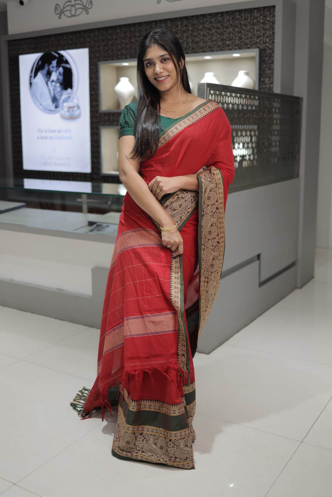 Red Narayanpet Peacock Print Saree