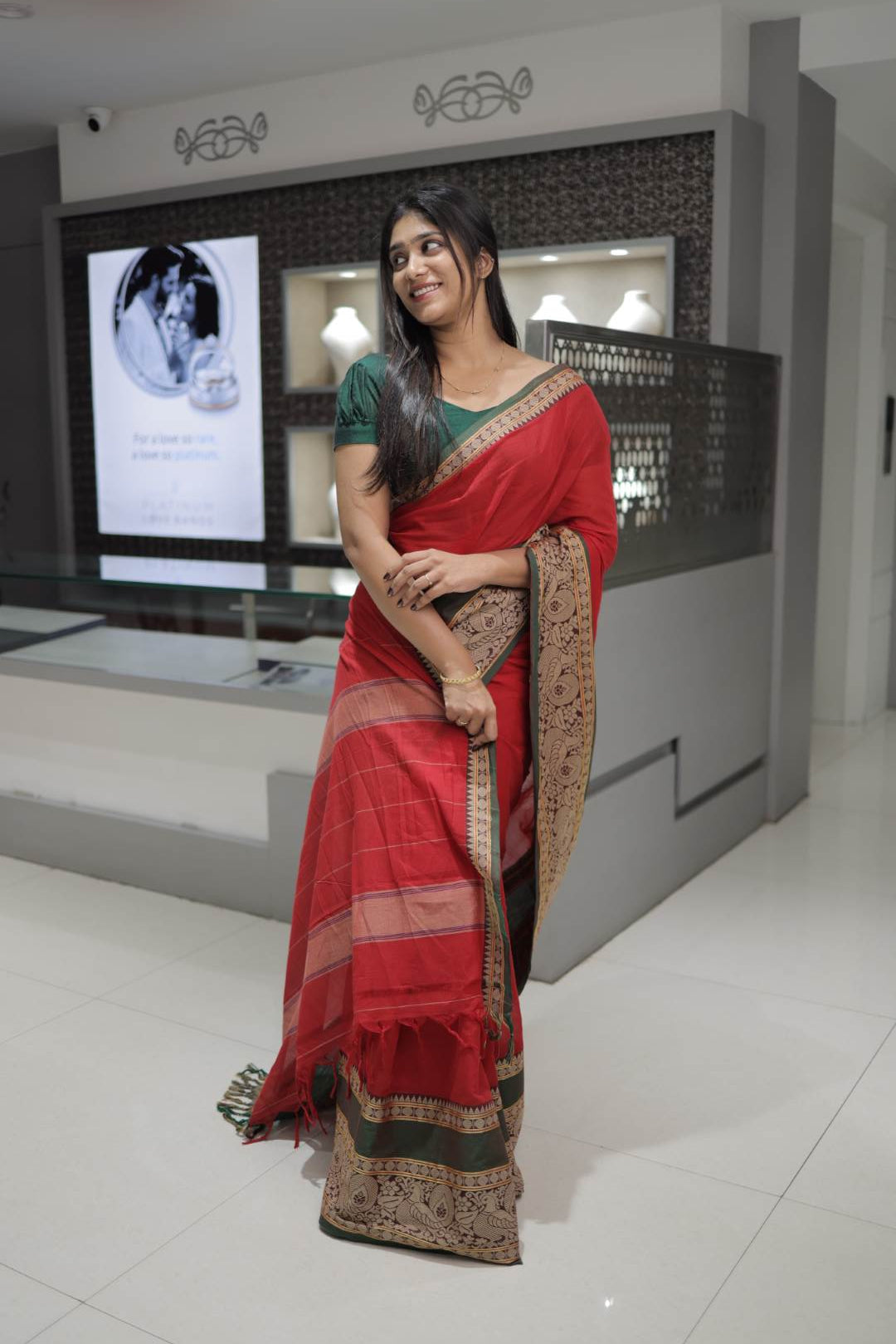 Red Narayanpet Peacock Print Saree