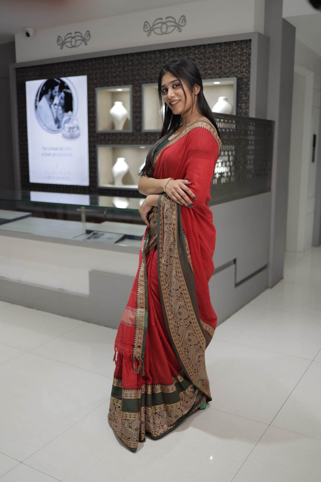 Red Narayanpet Peacock Print Saree