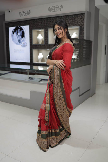 Red Narayanpet Peacock Print Saree