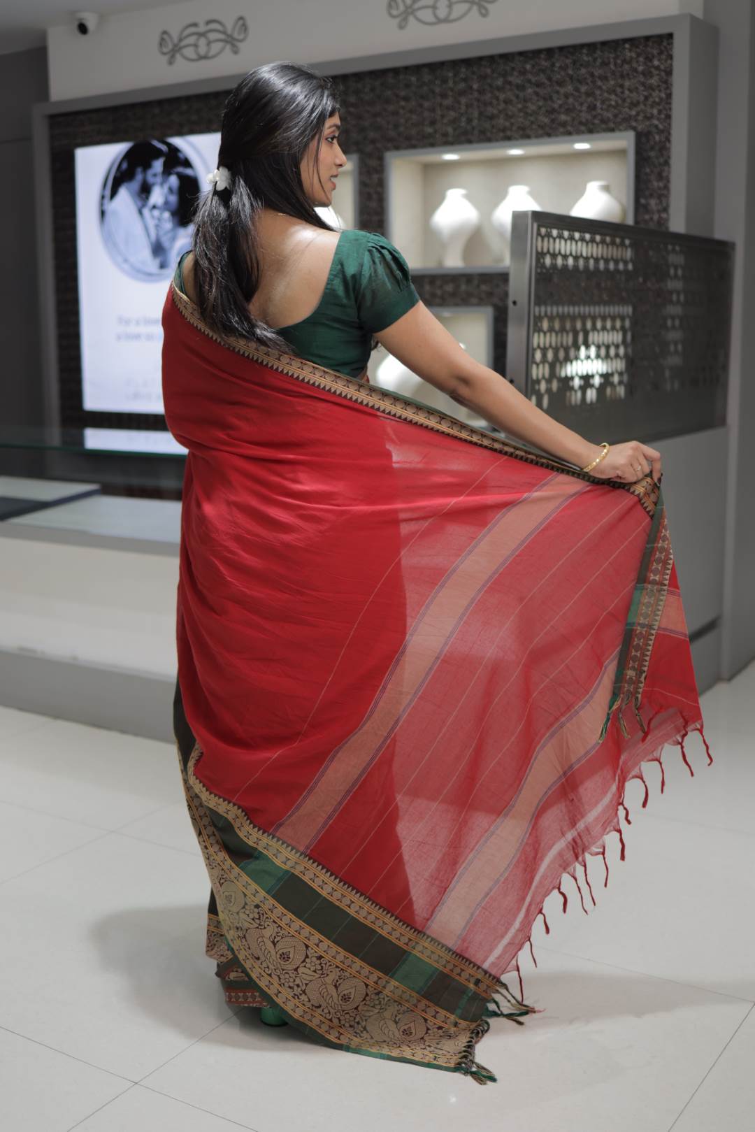 Red Narayanpet Peacock Print Saree