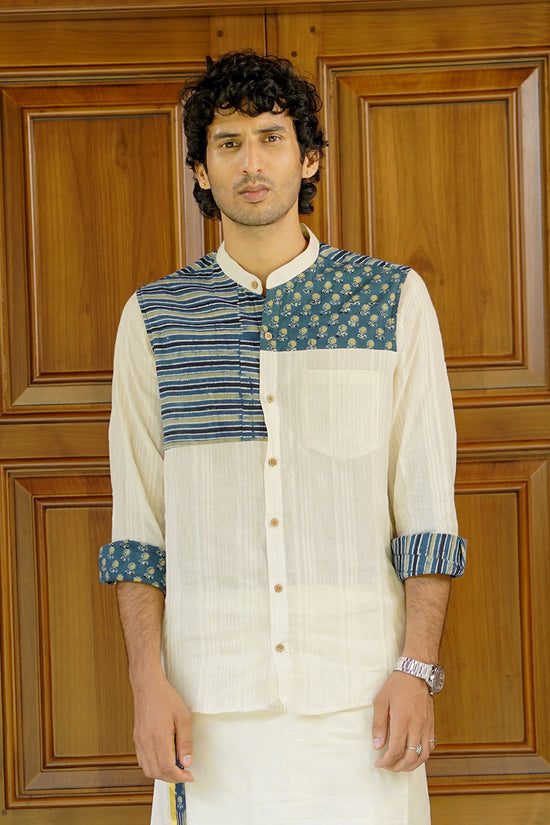 Off White Chinese Collar Yoke Print Shirt