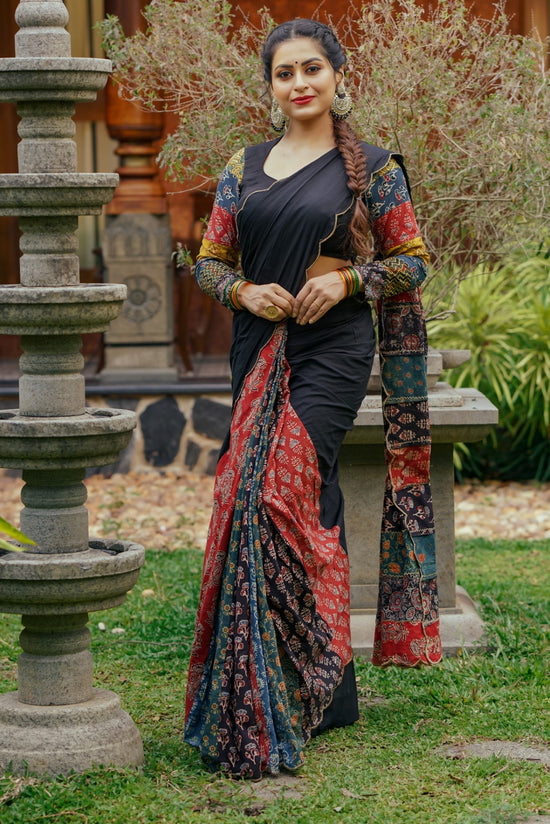 Black Mulcotton Scallope Saree with Multi Patch Pleates